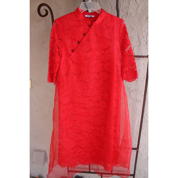 Too Tang Red Asian Style Dress Red Lace Size Large L 88074 Sheer Overlay - Picture 7 of 11